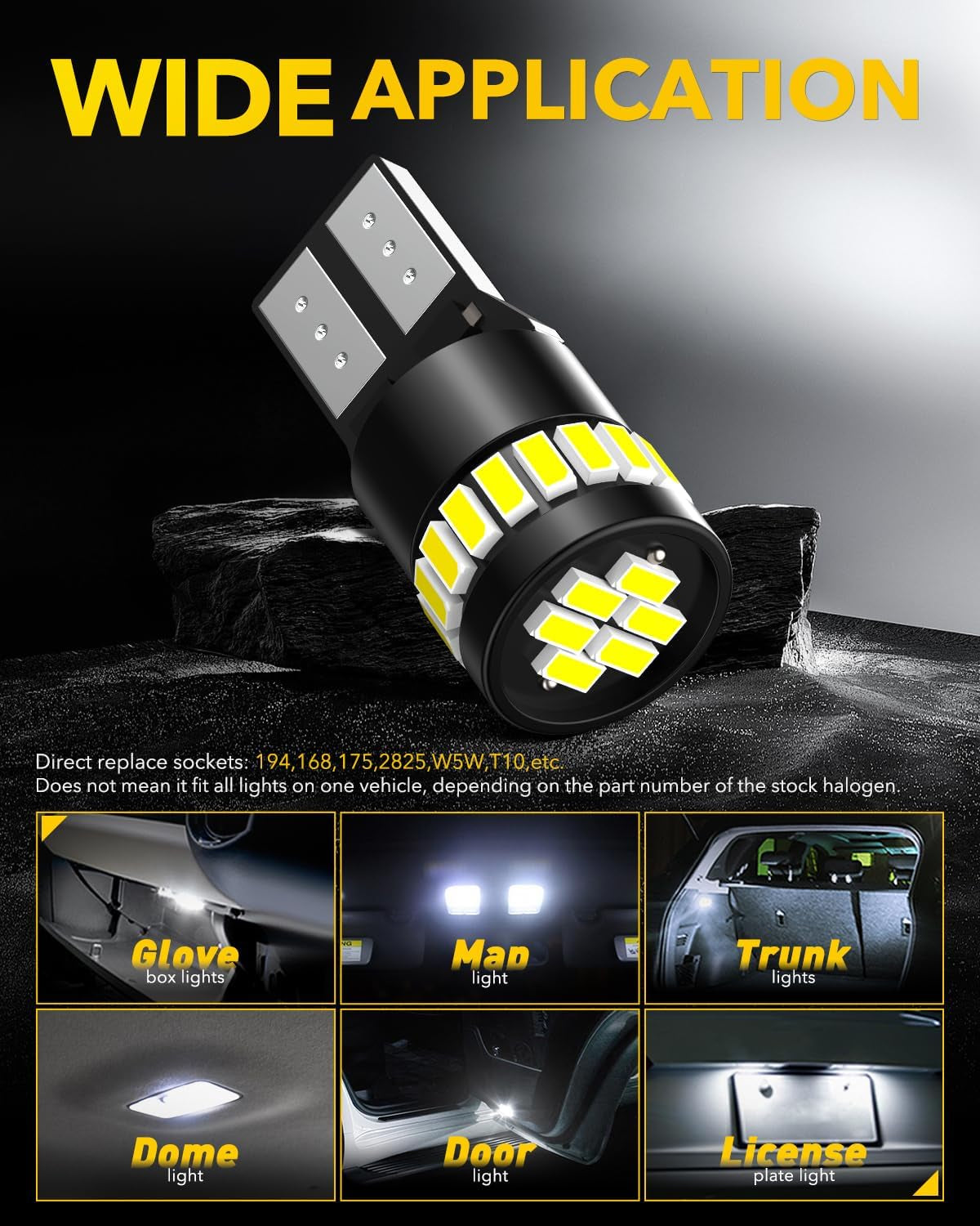 194 LED Light Bulb 6000K White 168 2825 W5W T10 Wedge 24-SMD 3014 Chipsets LED Replacement Bulbs Error Free for Car Dome Map Door Courtesy License Plate Dash Instrument Lights, Pack of 10