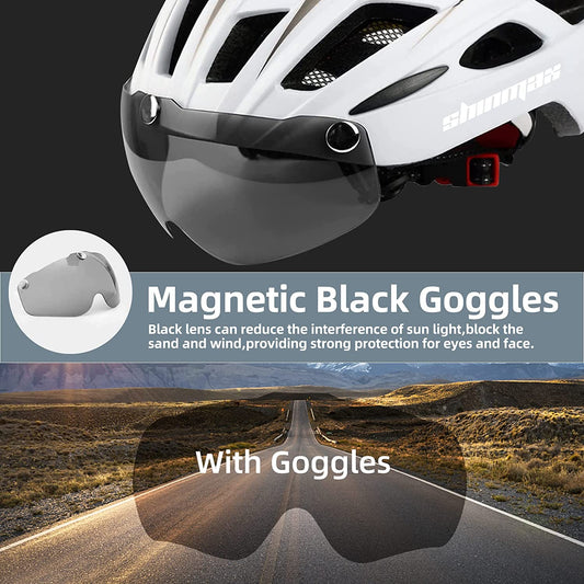 Bike Helmet, CPSC/CPC Certificated Bicycle Helmet with Detachable Magnetic Goggles&Led Back Light&Portable Backpack Cycling Helmet Adjustable Mountain Bike Helmet for Adult Men Women SM-T69