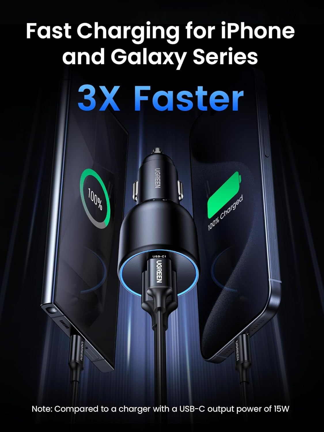 130W Fast Charging USB C Car Charger - 3 Port Cigarette Lighter Adapter with 100W USB C Cable, Compatible with Macbook, iPad, iPhone 16, Galaxy S25/S24, PD3.0/QC4.0/PPS 45W, LED Light