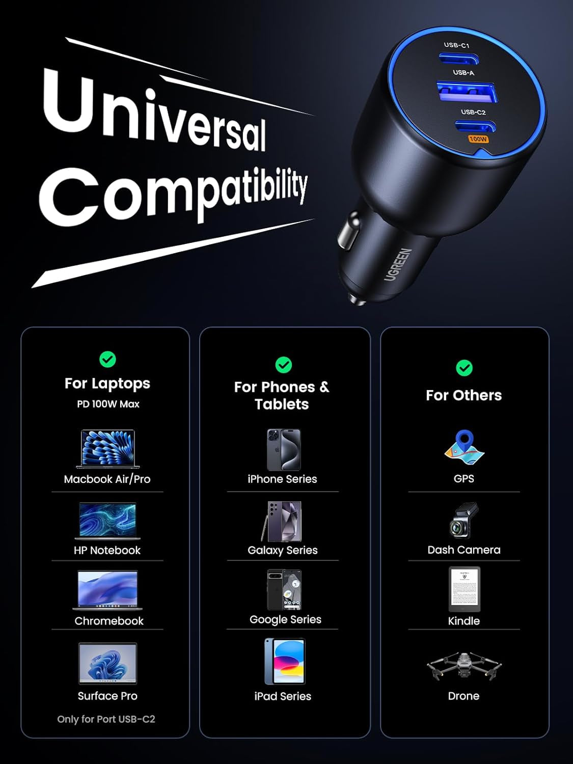 130W Fast Charging USB C Car Charger - 3 Port Cigarette Lighter Adapter with 100W USB C Cable, Compatible with Macbook, iPad, iPhone 16, Galaxy S25/S24, PD3.0/QC4.0/PPS 45W, LED Light