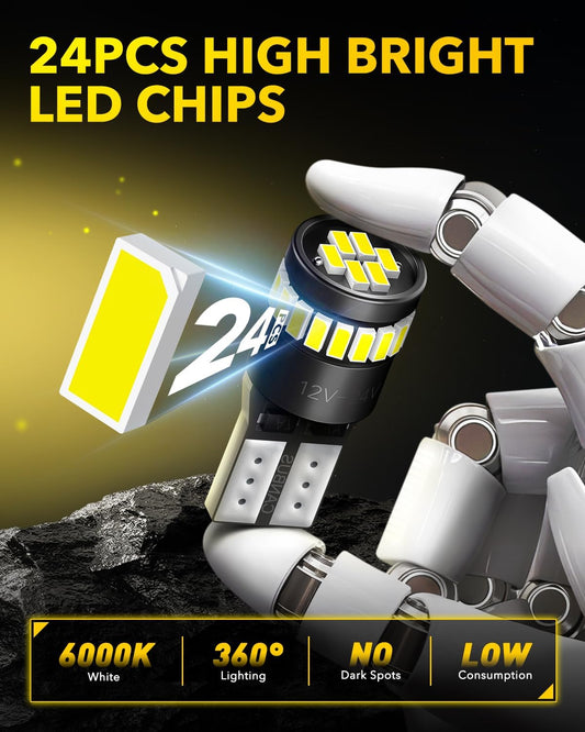 194 LED Light Bulb 6000K White 168 2825 W5W T10 Wedge 24-SMD 3014 Chipsets LED Replacement Bulbs Error Free for Car Dome Map Door Courtesy License Plate Dash Instrument Lights, Pack of 10