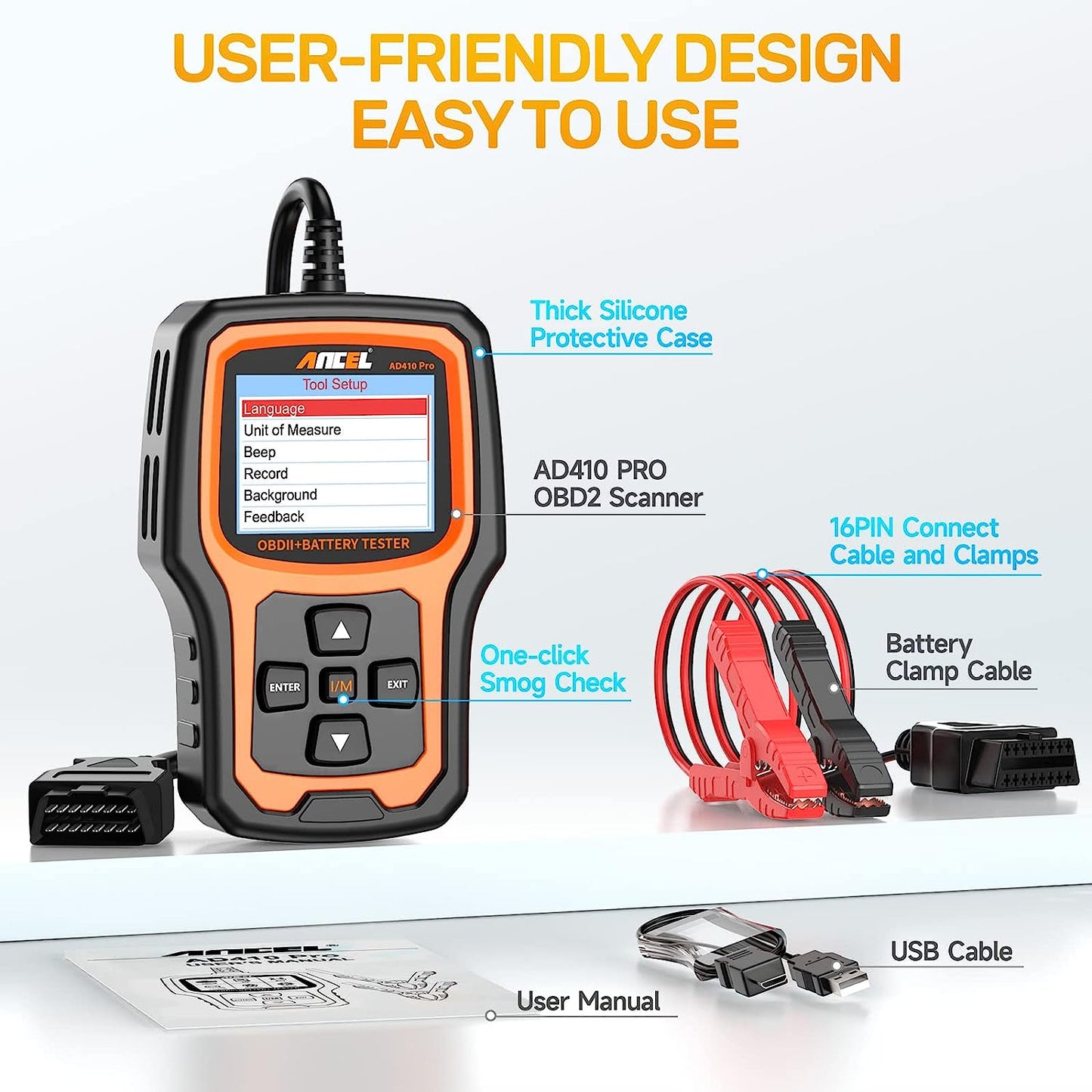 AD410 Pro 2-In-1 OBD2 Scanner and Battery Tester, OBD II Scanner Diagnostic Tool Check Engine Car Code Reader Scan Tool & 6V/12V Battery Analyzer Charging Cranking Test EVAP Live Data