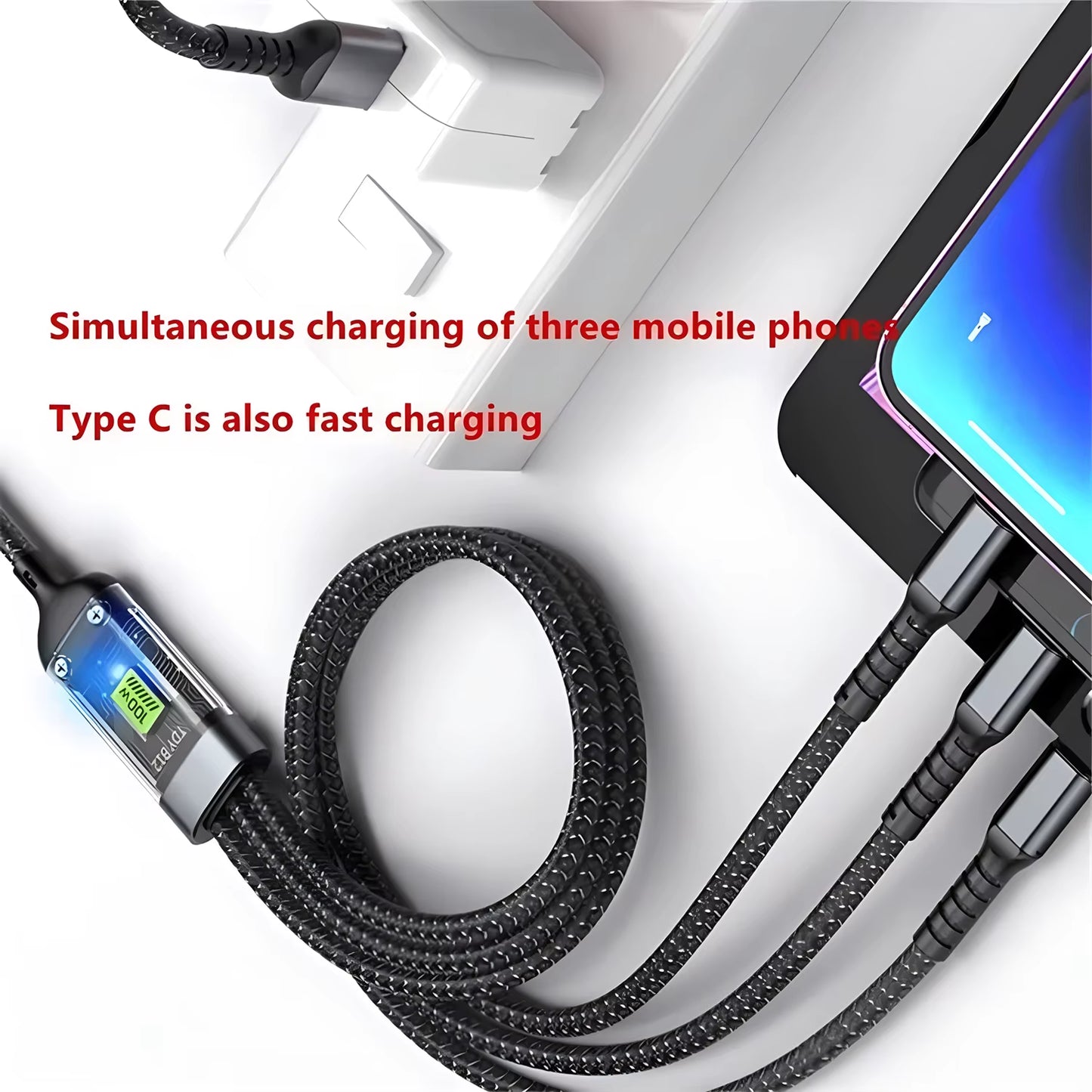 3-In-1 USB 100W 6A Fast Charger Cable Car USB to Type-C Micro LIGHTNING Cable for Iphone 16 15 14 13 Samsung Xiaomi Huawei