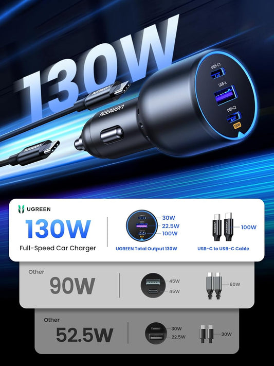 130W Fast Charging USB C Car Charger - 3 Port Cigarette Lighter Adapter with 100W USB C Cable, Compatible with Macbook, iPad, iPhone 16, Galaxy S25/S24, PD3.0/QC4.0/PPS 45W, LED Light