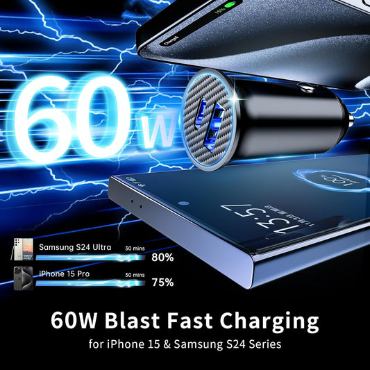 60W USB C Fast Car Charger, Super Mini Metal with 60W PD Type C-C Cable (1M), Dual Port Car Adapter for Iphone 17/16/15 Pro/Max/14/13, Samsung S25/S24, Google 10 9 Pro, Macbook, Ipad, More