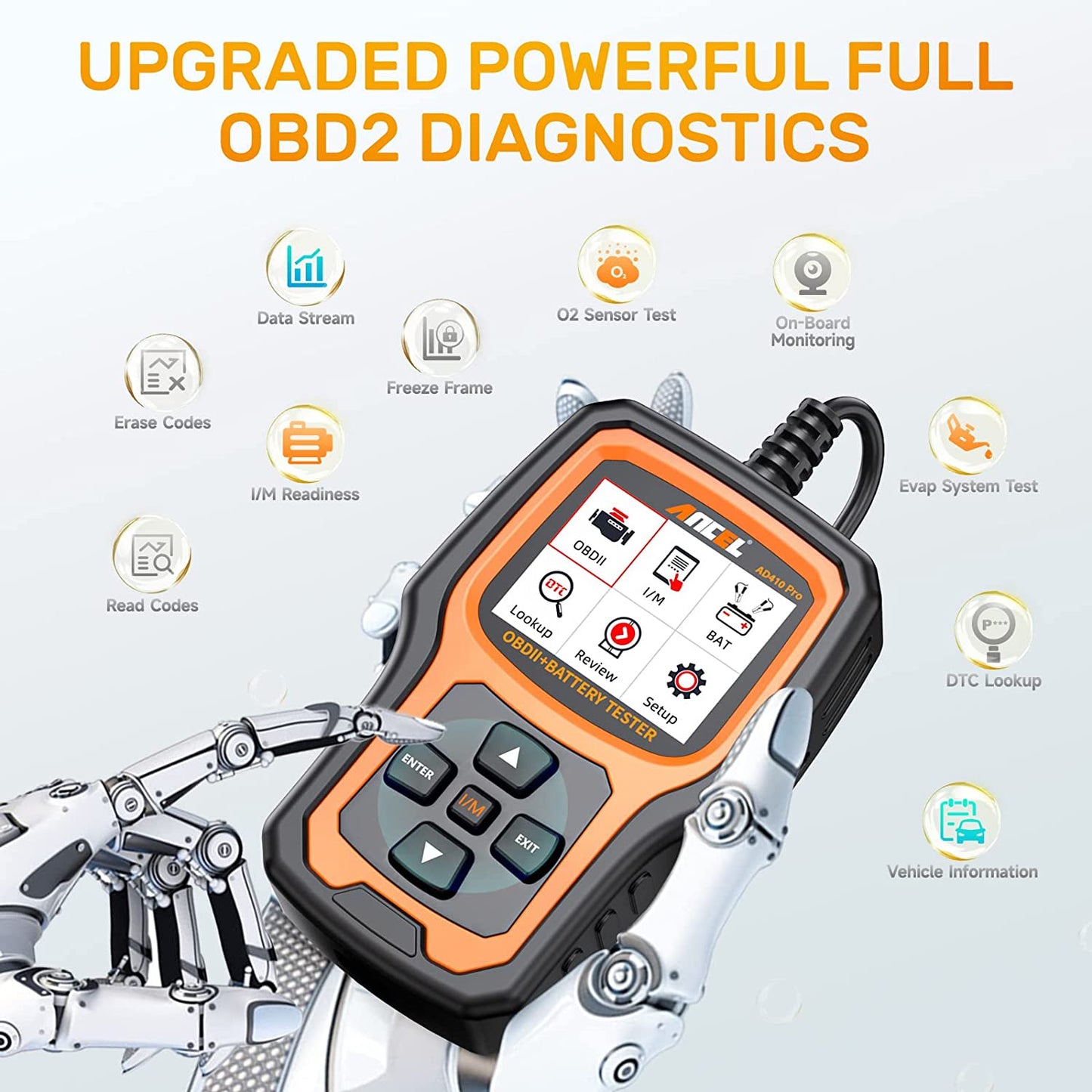 AD410 Pro 2-In-1 OBD2 Scanner and Battery Tester, OBD II Scanner Diagnostic Tool Check Engine Car Code Reader Scan Tool & 6V/12V Battery Analyzer Charging Cranking Test EVAP Live Data