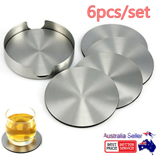 6Xstainless Steel Coasters for Drinks with Holder Heat Resistant Cup Mat Pad Set