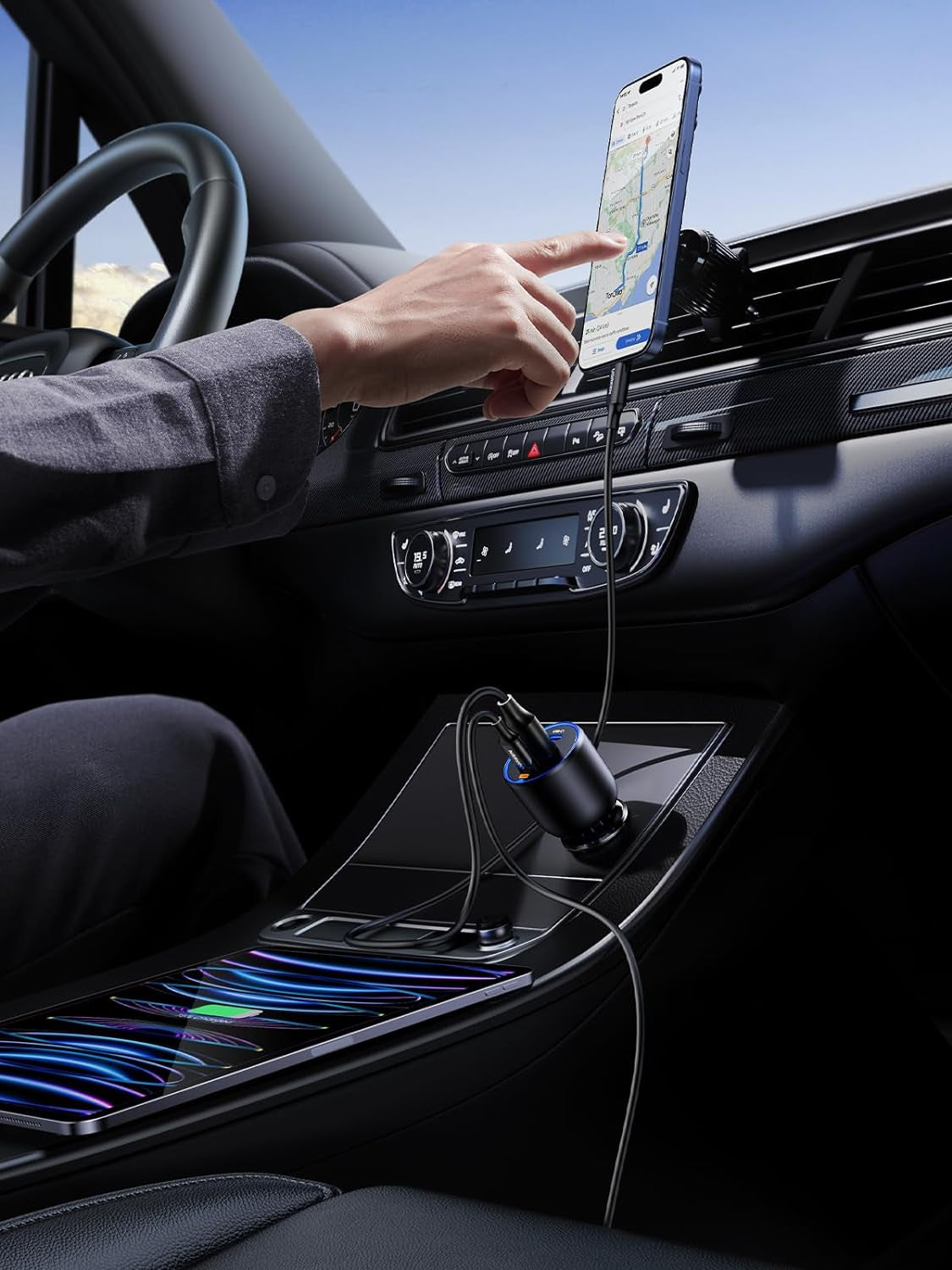 130W Fast Charging USB C Car Charger - 3 Port Cigarette Lighter Adapter with 100W USB C Cable, Compatible with Macbook, iPad, iPhone 16, Galaxy S25/S24, PD3.0/QC4.0/PPS 45W, LED Light