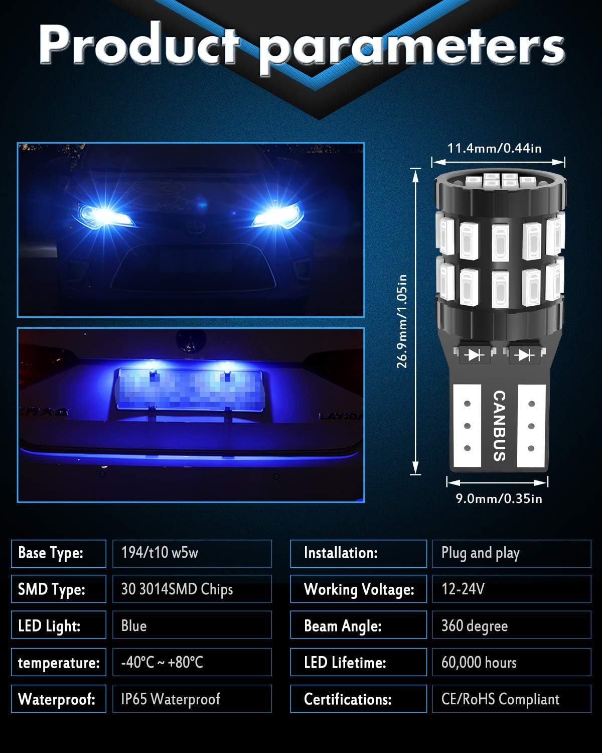 194 T10 W5W 168 LED Light Bulb Super Bright Blue 30-SMD 3014 Chips 12-24V CANBUS Error Free LED Bulbs for Car Dome Map Door Courtesy License Plate Light(Upgraded Version)