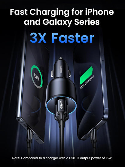 130W Fast Charging USB C Car Charger - 3 Port Cigarette Lighter Adapter with 100W USB C Cable, Compatible with Macbook, iPad, iPhone 16, Galaxy S25/S24, PD3.0/QC4.0/PPS 45W, LED Light