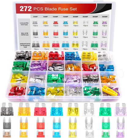 272-Piece Assorted Blade Fuse Kit - Standard, Mini & Low Profile Fuses for Cars, Boats, Trucks & SUVs (2A to 35A)