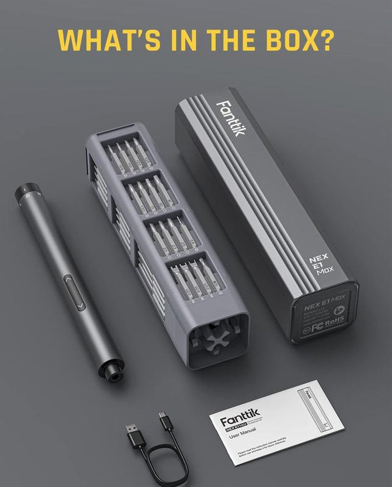 Fanttik E1 MAX 3.7V Mini Electric Screwdriver 50-In-1 Magnetic Bits 5/32''Hex Magnetic Storage, Repair Tool Set for Phone Camera Laptop 3D Printer - Hardware Cordless