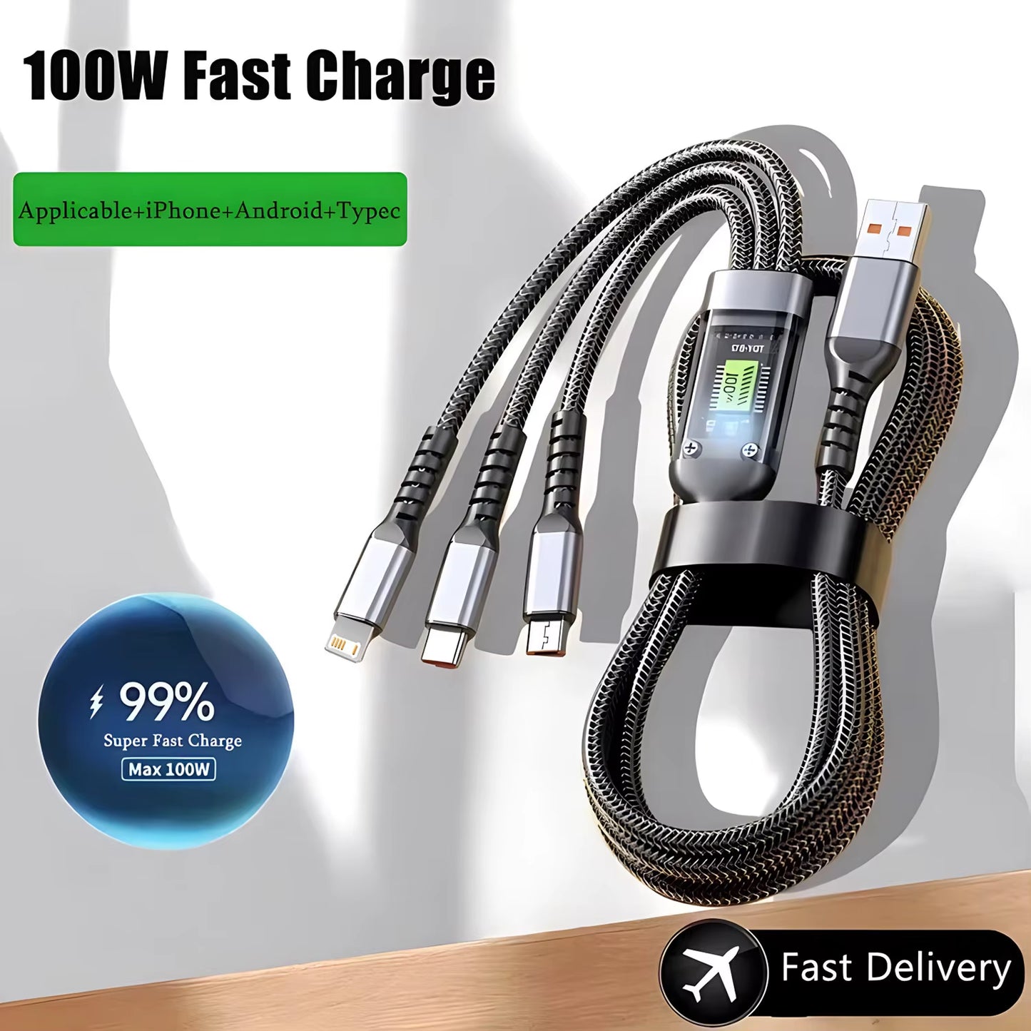 3-In-1 USB 100W 6A Fast Charger Cable Car USB to Type-C Micro LIGHTNING Cable for Iphone 16 15 14 13 Samsung Xiaomi Huawei