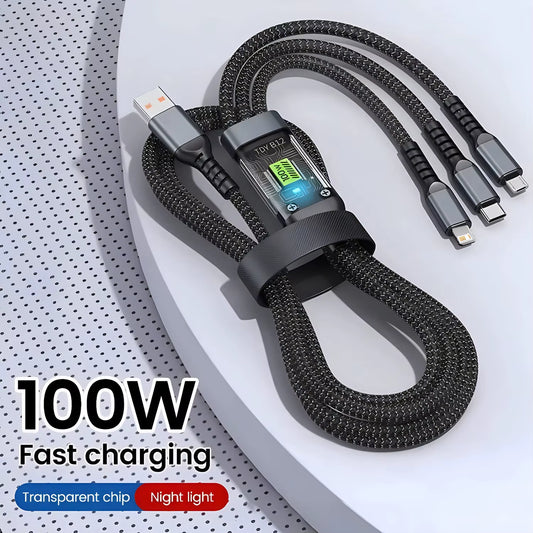 3-In-1 USB 100W 6A Fast Charger Cable Car USB to Type-C Micro LIGHTNING Cable for Iphone 16 15 14 13 Samsung Xiaomi Huawei
