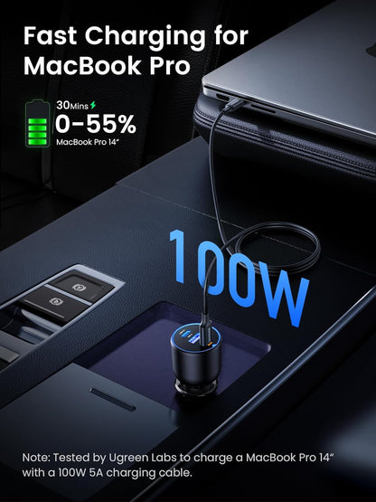 130W Fast Charging USB C Car Charger - 3 Port Cigarette Lighter Adapter with 100W USB C Cable, Compatible with Macbook, iPad, iPhone 16, Galaxy S25/S24, PD3.0/QC4.0/PPS 45W, LED Light