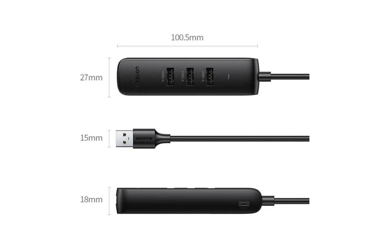 UGREEN 20984 USB 2.0 to 3 X USB2.0 with RJ45 (100Mbps) Ethernet Adapter (Black)
