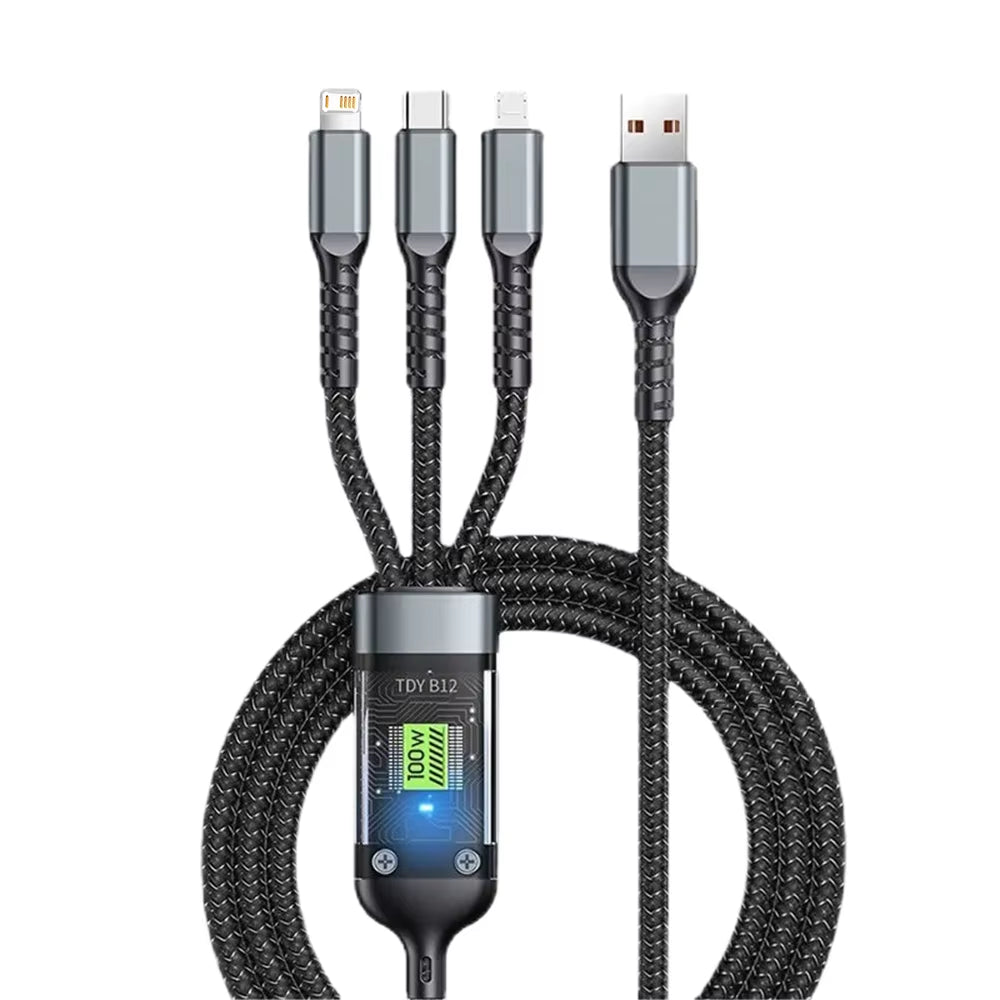3-In-1 USB 100W 6A Fast Charger Cable Car USB to Type-C Micro LIGHTNING Cable for Iphone 16 15 14 13 Samsung Xiaomi Huawei
