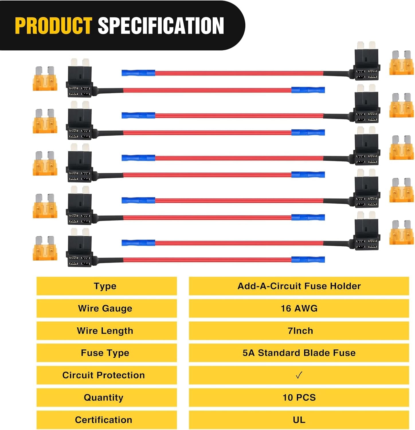 12V Car Add-A-Circuit Fuse TAP Adapter with 5 Amp Standard APR ATO ATC Blade Fuse Set for Cars Trucks Boats, Pack of 10