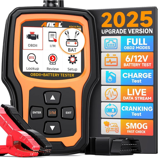 AD410 Pro 2-In-1 OBD2 Scanner and Battery Tester, OBD II Scanner Diagnostic Tool Check Engine Car Code Reader Scan Tool & 6V/12V Battery Analyzer Charging Cranking Test EVAP Live Data