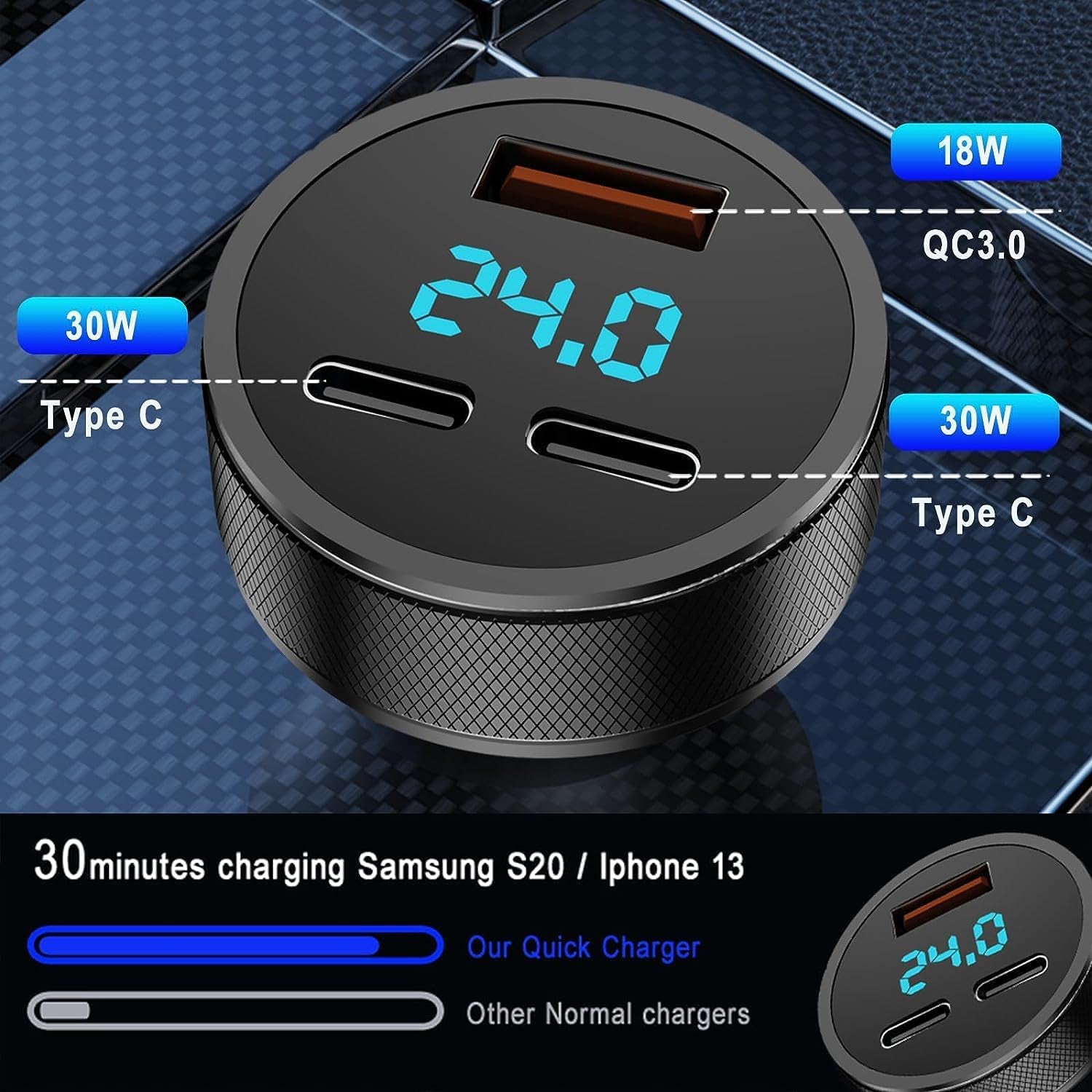 USB C Car Charger,78W Dual PD3.0 + QC 3.0 3 Port USB Fast Charging Adapter, Mini Metal USB Cigarette Lighter with LED Digital Voltmeter for Iphone 11/12/13/14, Macbook,Ipad Pro, Samsung S22/S21