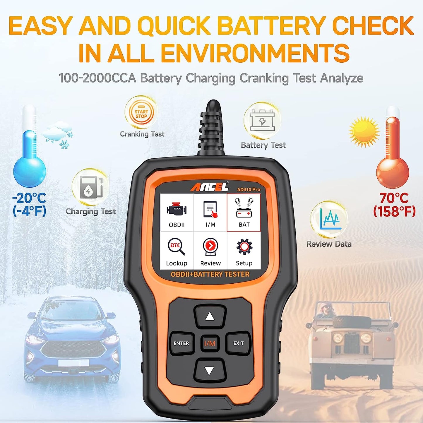 AD410 Pro 2-In-1 OBD2 Scanner and Battery Tester, OBD II Scanner Diagnostic Tool Check Engine Car Code Reader Scan Tool & 6V/12V Battery Analyzer Charging Cranking Test EVAP Live Data
