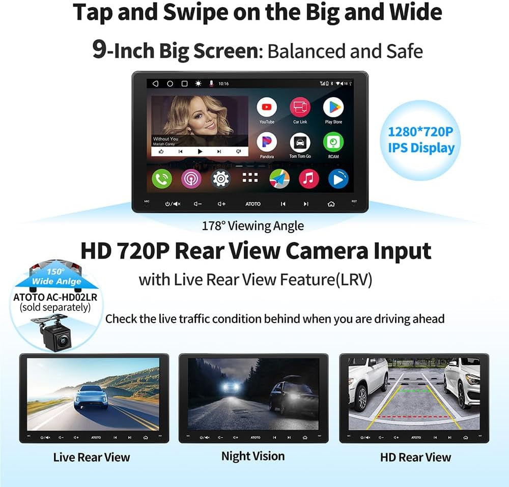 [9Inch]  A6 PF Android In-Dash Video, Double-Din Car Stereo, Wireless Carplay & Android Auto, Car GPS In-Dash Navigation, Dual Bluetooth, Wifi/Bt/Usb Tethering, HD LRV, 2G+32G, A6G209PF