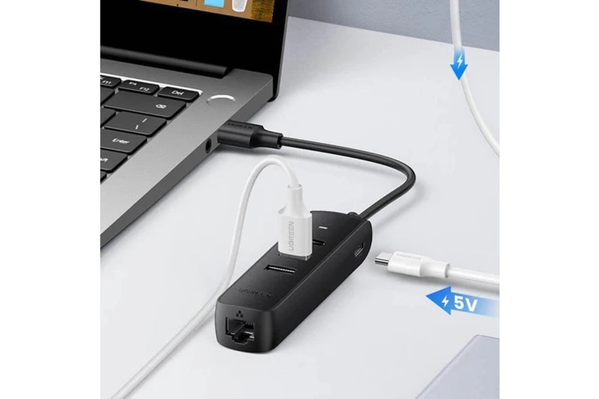 UGREEN 20984 USB 2.0 to 3 X USB2.0 with RJ45 (100Mbps) Ethernet Adapter (Black)