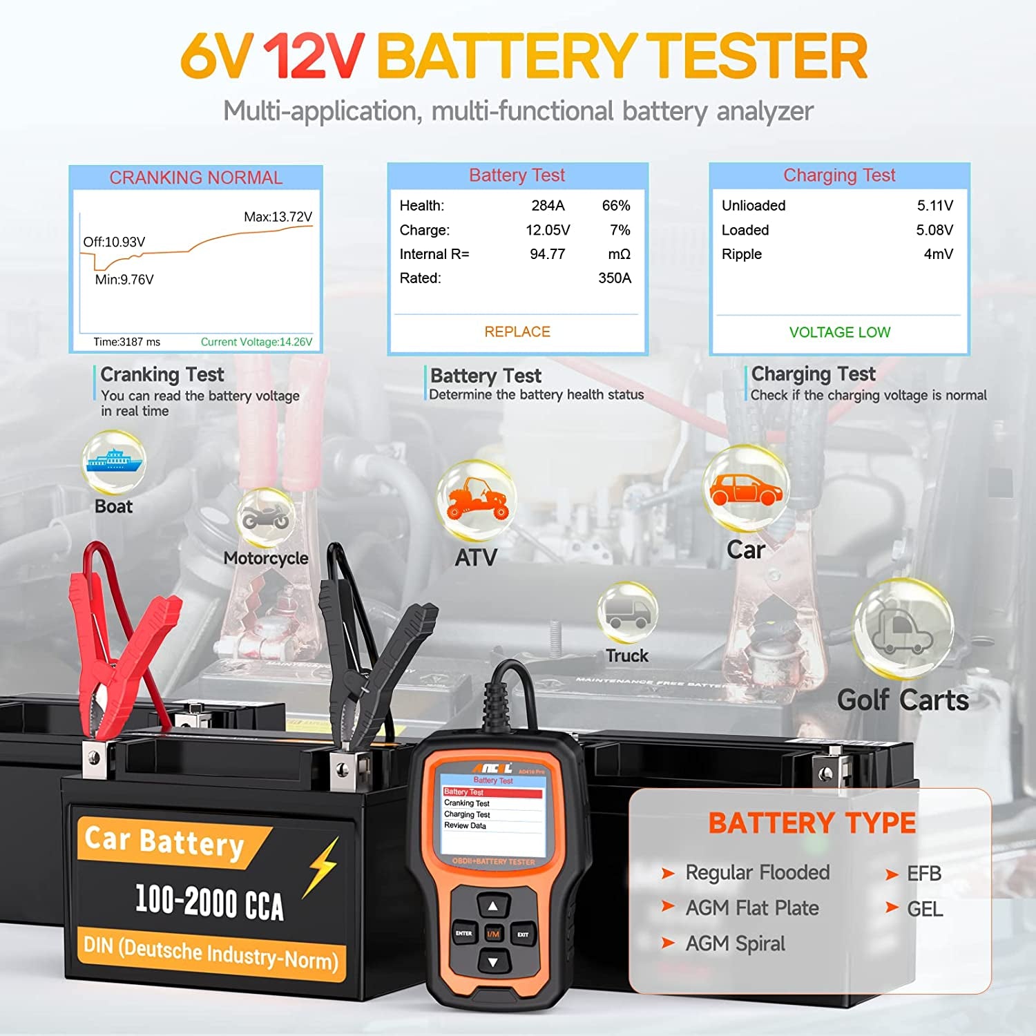 AD410 Pro 2-In-1 OBD2 Scanner and Battery Tester, OBD II Scanner Diagnostic Tool Check Engine Car Code Reader Scan Tool & 6V/12V Battery Analyzer Charging Cranking Test EVAP Live Data