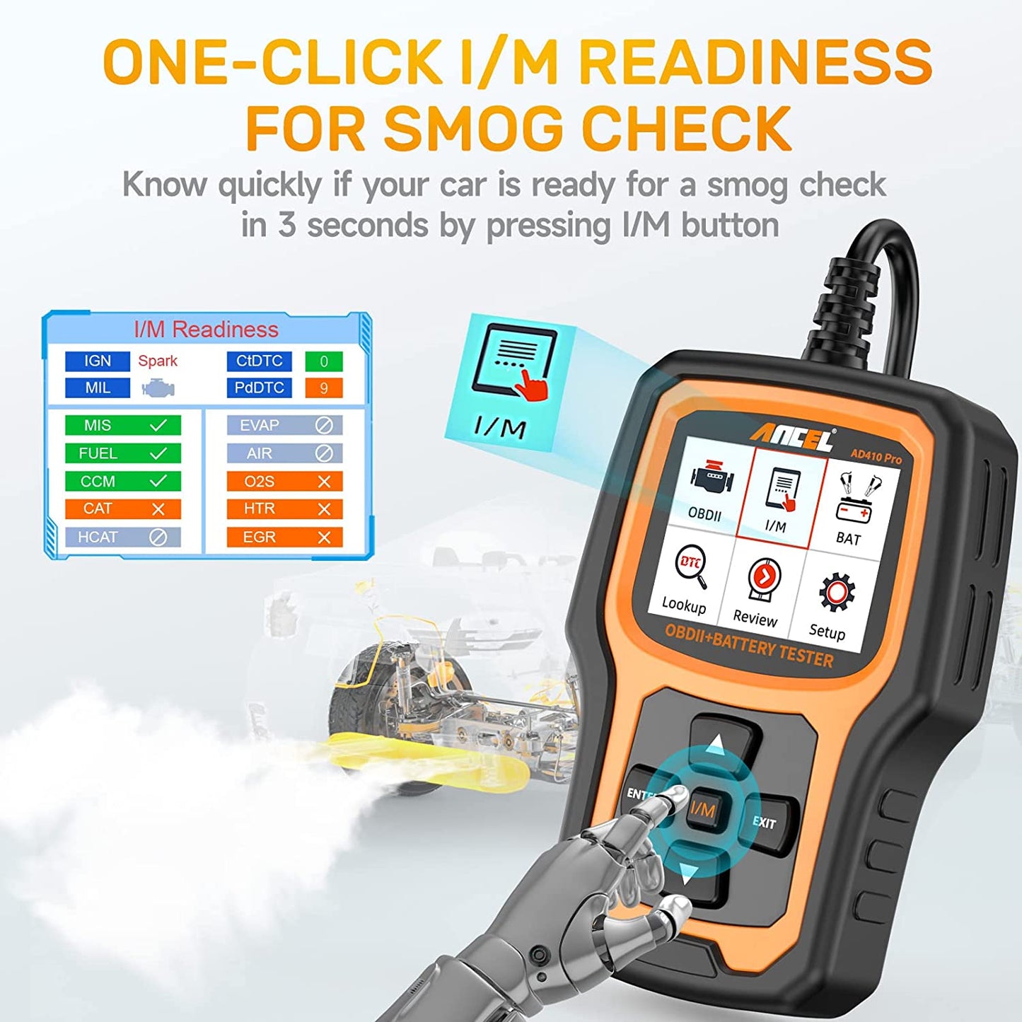 AD410 Pro 2-In-1 OBD2 Scanner and Battery Tester, OBD II Scanner Diagnostic Tool Check Engine Car Code Reader Scan Tool & 6V/12V Battery Analyzer Charging Cranking Test EVAP Live Data