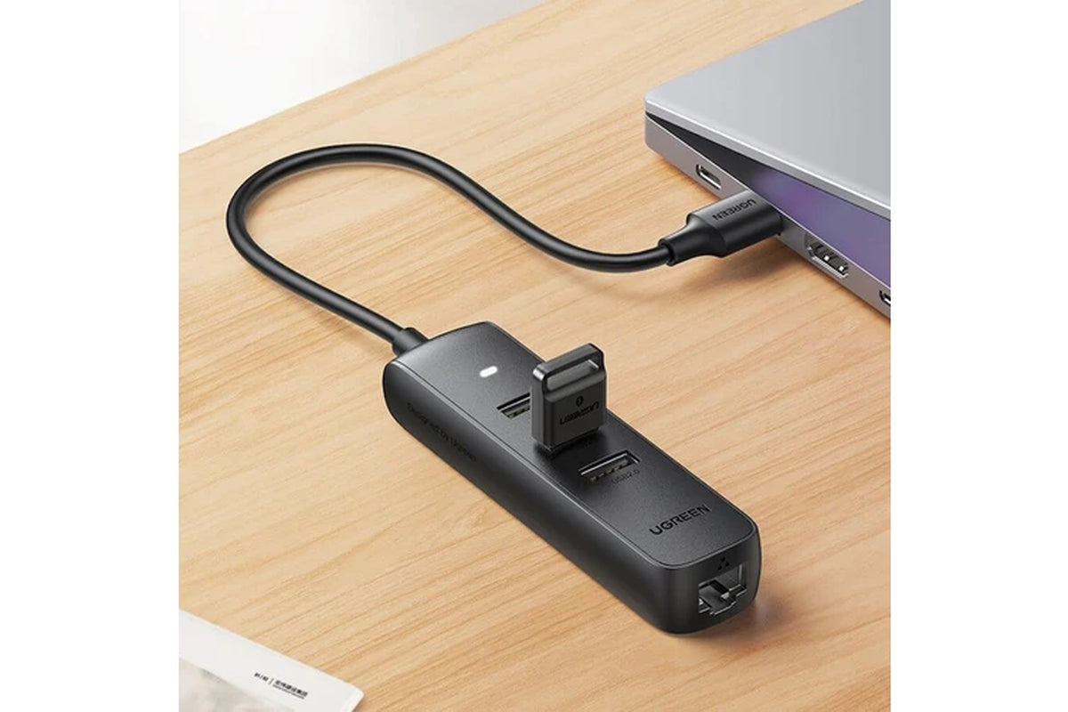 UGREEN 20984 USB 2.0 to 3 X USB2.0 with RJ45 (100Mbps) Ethernet Adapter (Black)