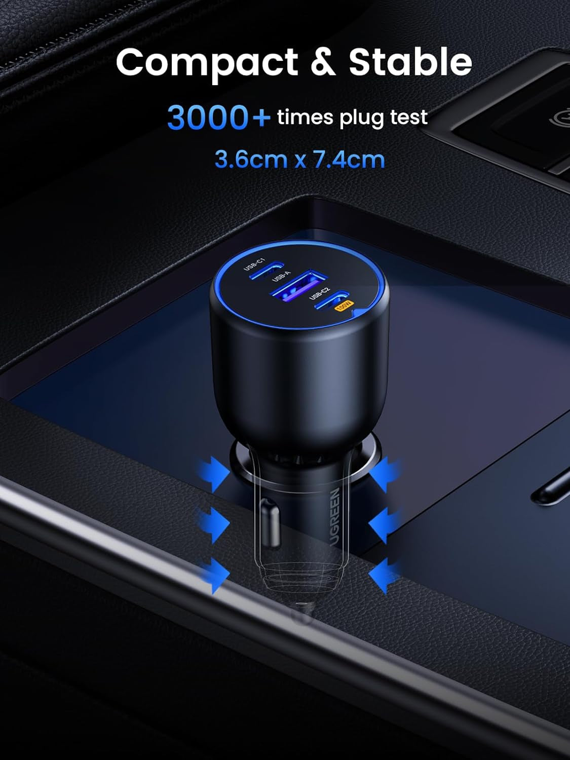 130W Fast Charging USB C Car Charger - 3 Port Cigarette Lighter Adapter with 100W USB C Cable, Compatible with Macbook, iPad, iPhone 16, Galaxy S25/S24, PD3.0/QC4.0/PPS 45W, LED Light