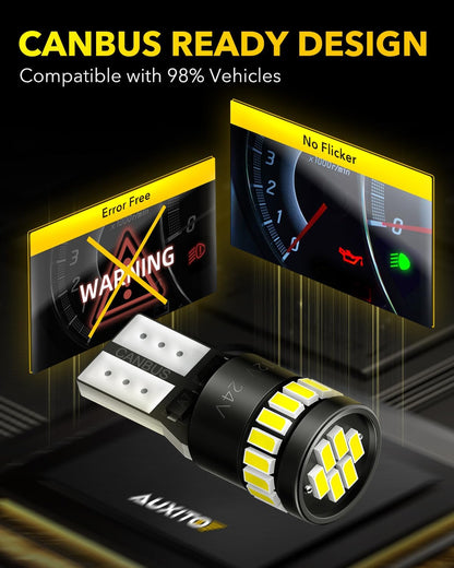194 LED Light Bulb 6000K White 168 2825 W5W T10 Wedge 24-SMD 3014 Chipsets LED Replacement Bulbs Error Free for Car Dome Map Door Courtesy License Plate Dash Instrument Lights, Pack of 10