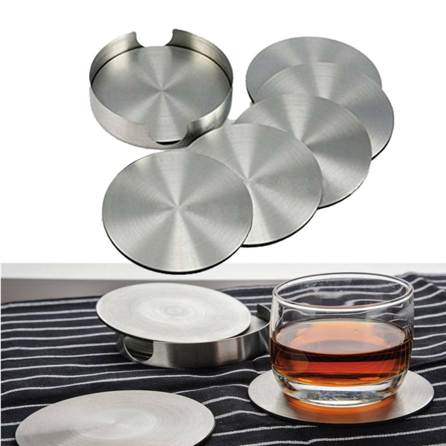6Xstainless Steel Coasters for Drinks with Holder Heat Resistant Cup Mat Pad Set