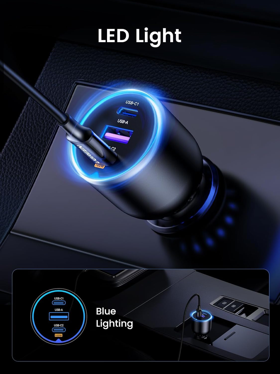 130W Fast Charging USB C Car Charger - 3 Port Cigarette Lighter Adapter with 100W USB C Cable, Compatible with Macbook, iPad, iPhone 16, Galaxy S25/S24, PD3.0/QC4.0/PPS 45W, LED Light