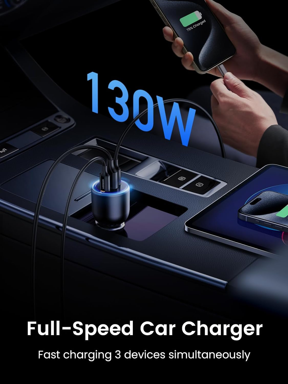 130W Fast Charging USB C Car Charger - 3 Port Cigarette Lighter Adapter with 100W USB C Cable, Compatible with Macbook, iPad, iPhone 16, Galaxy S25/S24, PD3.0/QC4.0/PPS 45W, LED Light