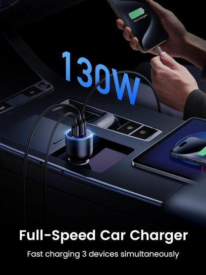 130W Fast Charging USB C Car Charger - 3 Port Cigarette Lighter Adapter with 100W USB C Cable, Compatible with Macbook, iPad, iPhone 16, Galaxy S25/S24, PD3.0/QC4.0/PPS 45W, LED Light