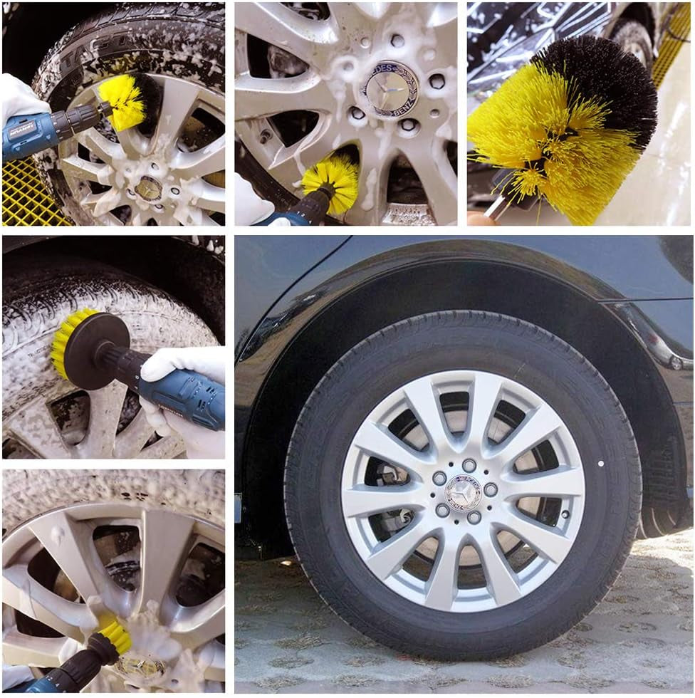 [3 Pack] Auto Detailing Drill Brush Set, Wheel Cleaner Brush, Car Cleaner Wash Brush Supplies Kit Fit Tire, Car Mats, Floor Mat, Bathroom and Auto Power Scrubber Brush Cleaning Sets