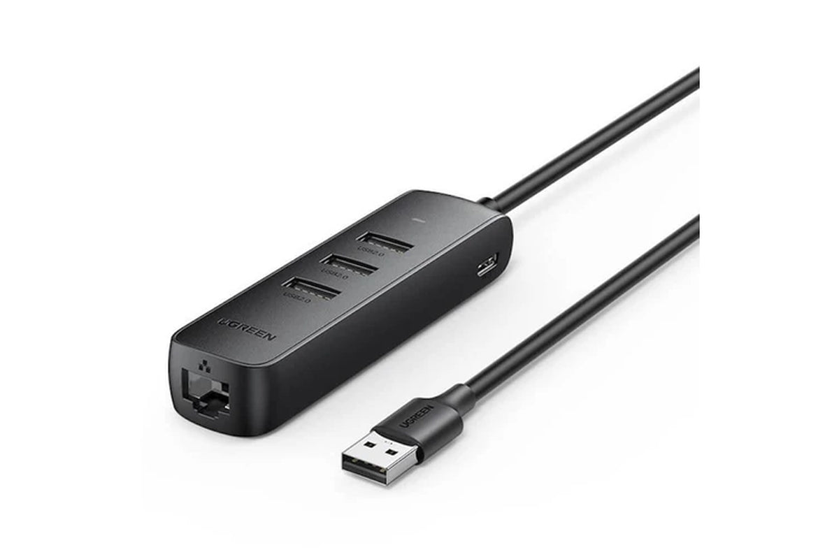 UGREEN 20984 USB 2.0 to 3 X USB2.0 with RJ45 (100Mbps) Ethernet Adapter (Black)