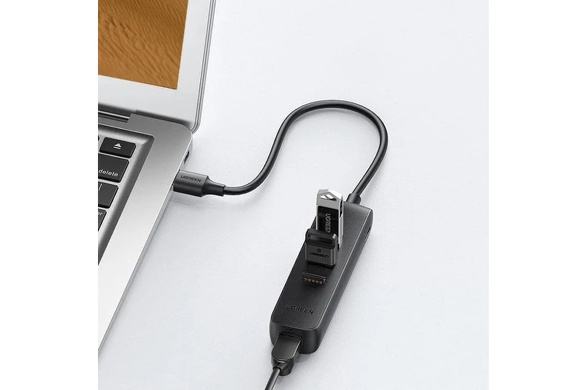 UGREEN 20984 USB 2.0 to 3 X USB2.0 with RJ45 (100Mbps) Ethernet Adapter (Black)