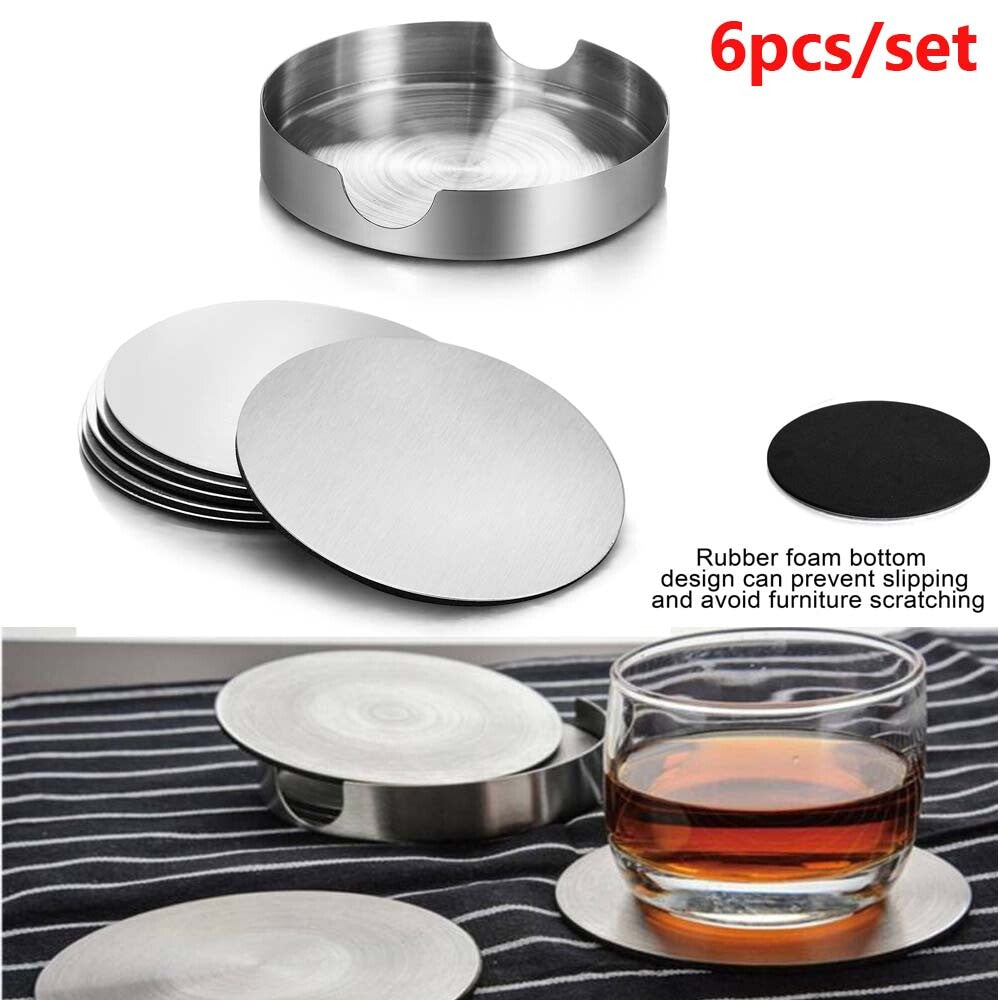 6Xstainless Steel Coasters for Drinks with Holder Heat Resistant Cup Mat Pad Set