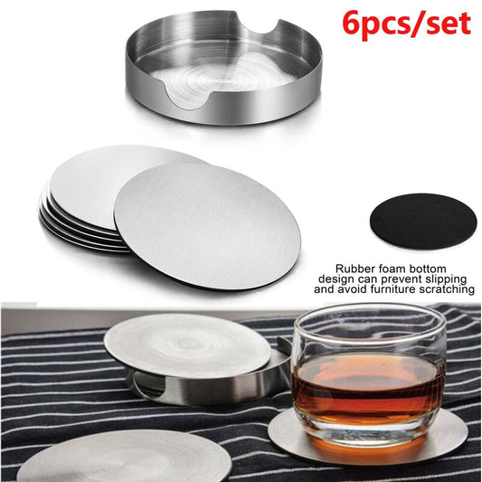 6Xstainless Steel Coasters for Drinks with Holder Heat Resistant Cup Mat Pad Set
