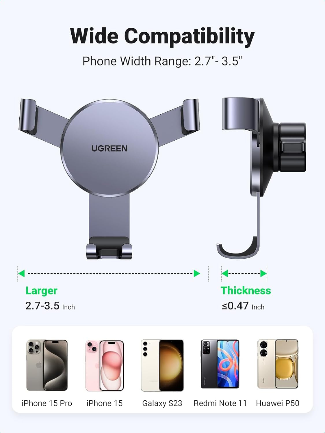 Universal Gravity Car Phone Holder for Air Vent - Compatible with iPhone 17 Pro Max, Galaxy S24 Ultra & More (5.8-7.2'' Phones) - Sleek Grey Design