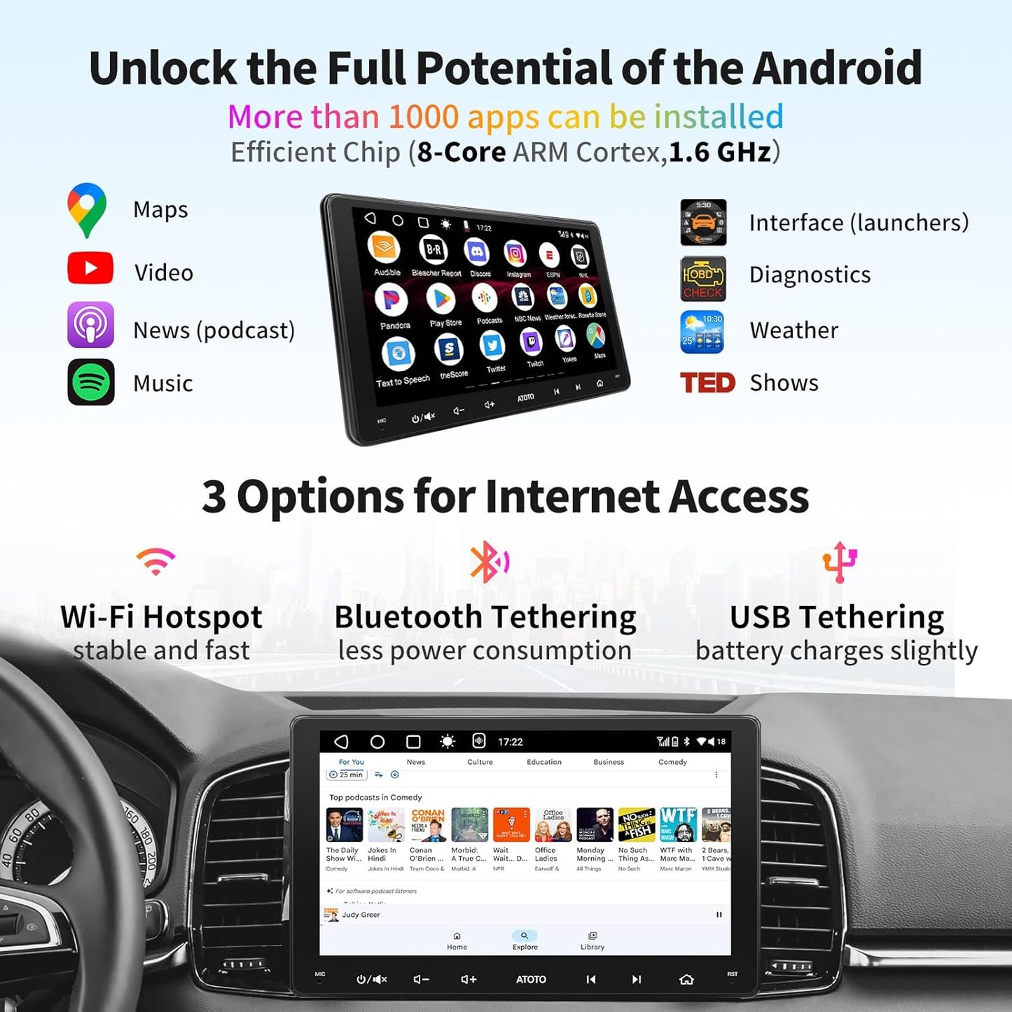 [9Inch]  A6 PF Android In-Dash Video, Double-Din Car Stereo, Wireless Carplay & Android Auto, Car GPS In-Dash Navigation, Dual Bluetooth, Wifi/Bt/Usb Tethering, HD LRV, 2G+32G, A6G209PF