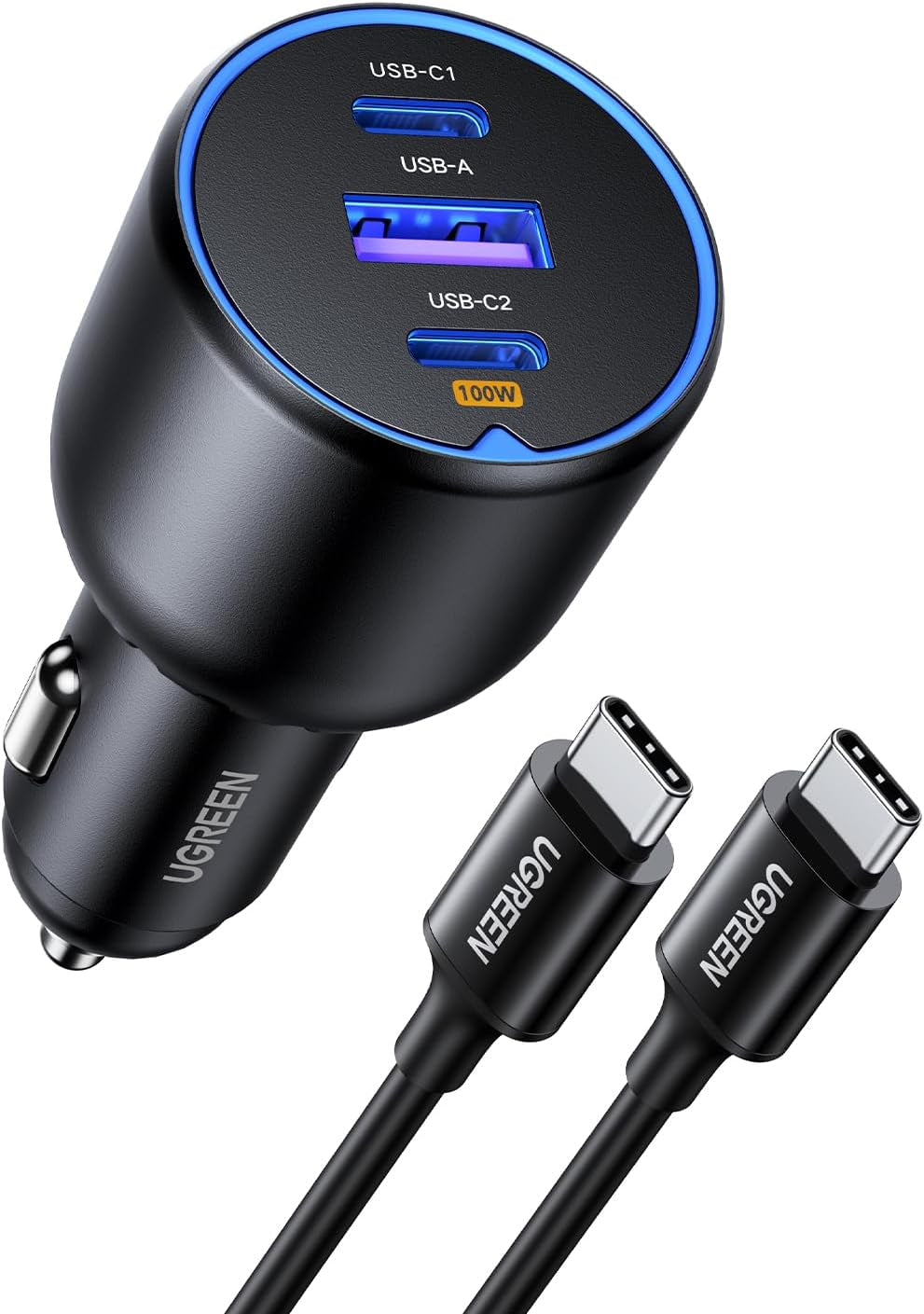130W Fast Charging USB C Car Charger - 3 Port Cigarette Lighter Adapter with 100W USB C Cable, Compatible with Macbook, iPad, iPhone 16, Galaxy S25/S24, PD3.0/QC4.0/PPS 45W, LED Light