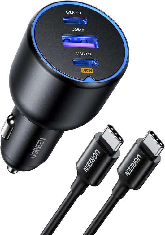 130W Fast Charging USB C Car Charger - 3 Port Cigarette Lighter Adapter with 100W USB C Cable, Compatible with Macbook, iPad, iPhone 16, Galaxy S25/S24, PD3.0/QC4.0/PPS 45W, LED Light