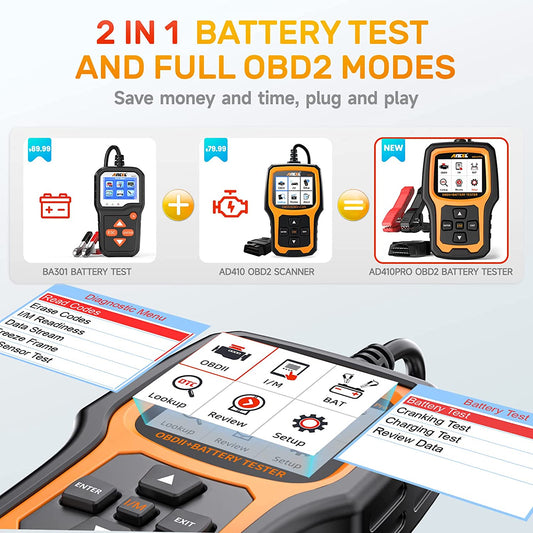 AD410 Pro 2-In-1 OBD2 Scanner and Battery Tester, OBD II Scanner Diagnostic Tool Check Engine Car Code Reader Scan Tool & 6V/12V Battery Analyzer Charging Cranking Test EVAP Live Data
